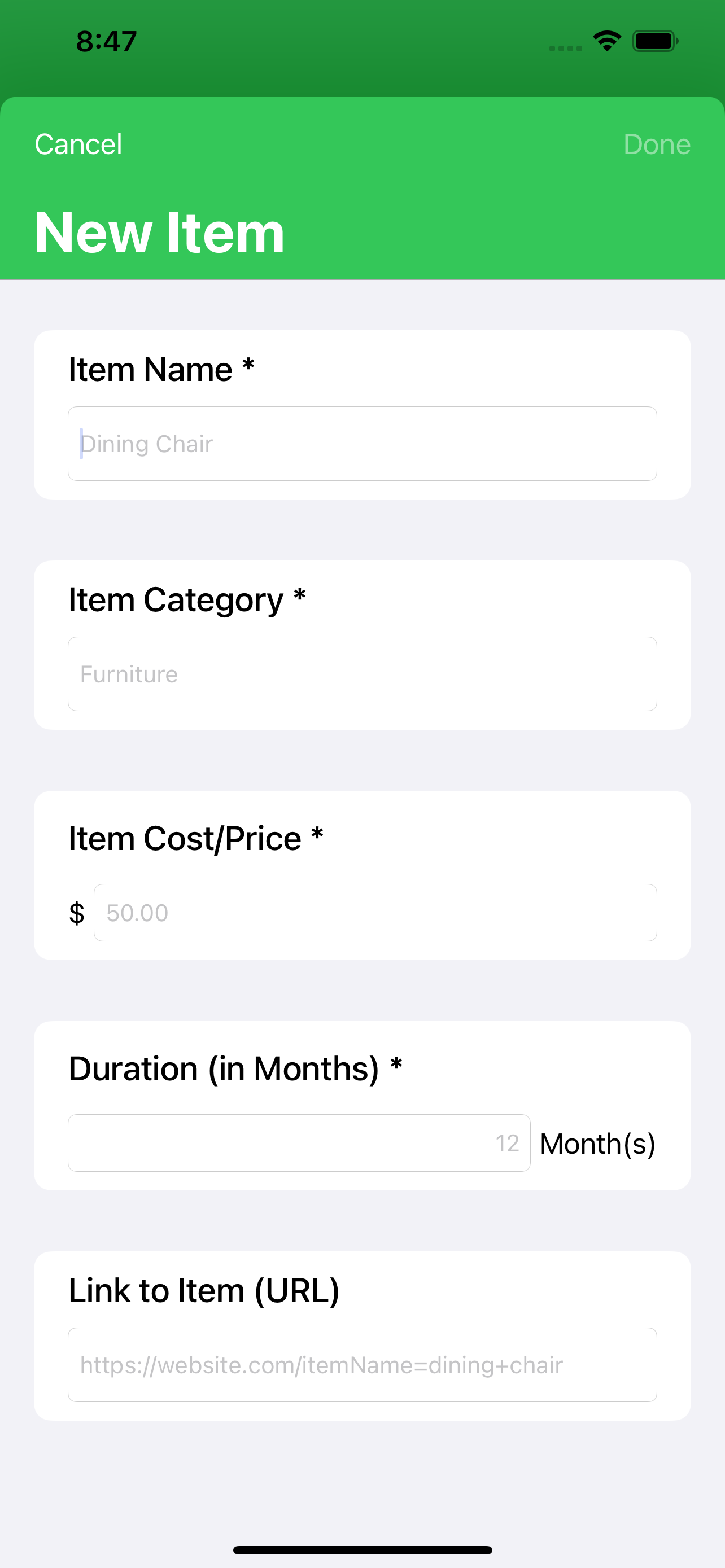 Adding a new item to expenses